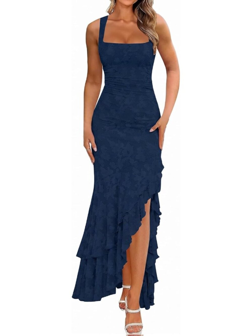 Women's Navy Elegant Ruched Floral Maxi Wedding Guest Cocktail Formal Dress